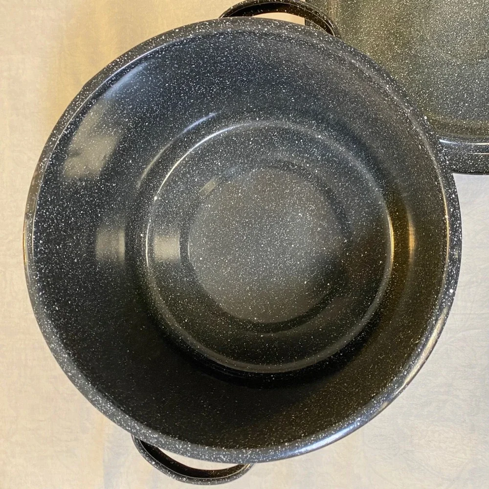 Vintage Black Speckled Enamelware Stock Pot Canner Dutch‎ Oven w Lid 10 Qt